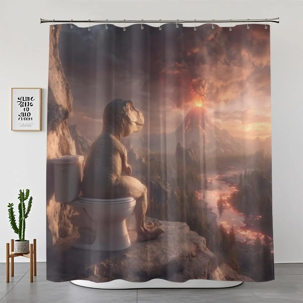 1/4pcs Quirky Humor T-Rex Dinosaur on Toilet Shower Curtain Set, Volcanic Erupting Prehistoric Landscape, Waterproof Washable Fabric Bathroom Decor, Home Styling Bathroom Decor Ideas Accessory