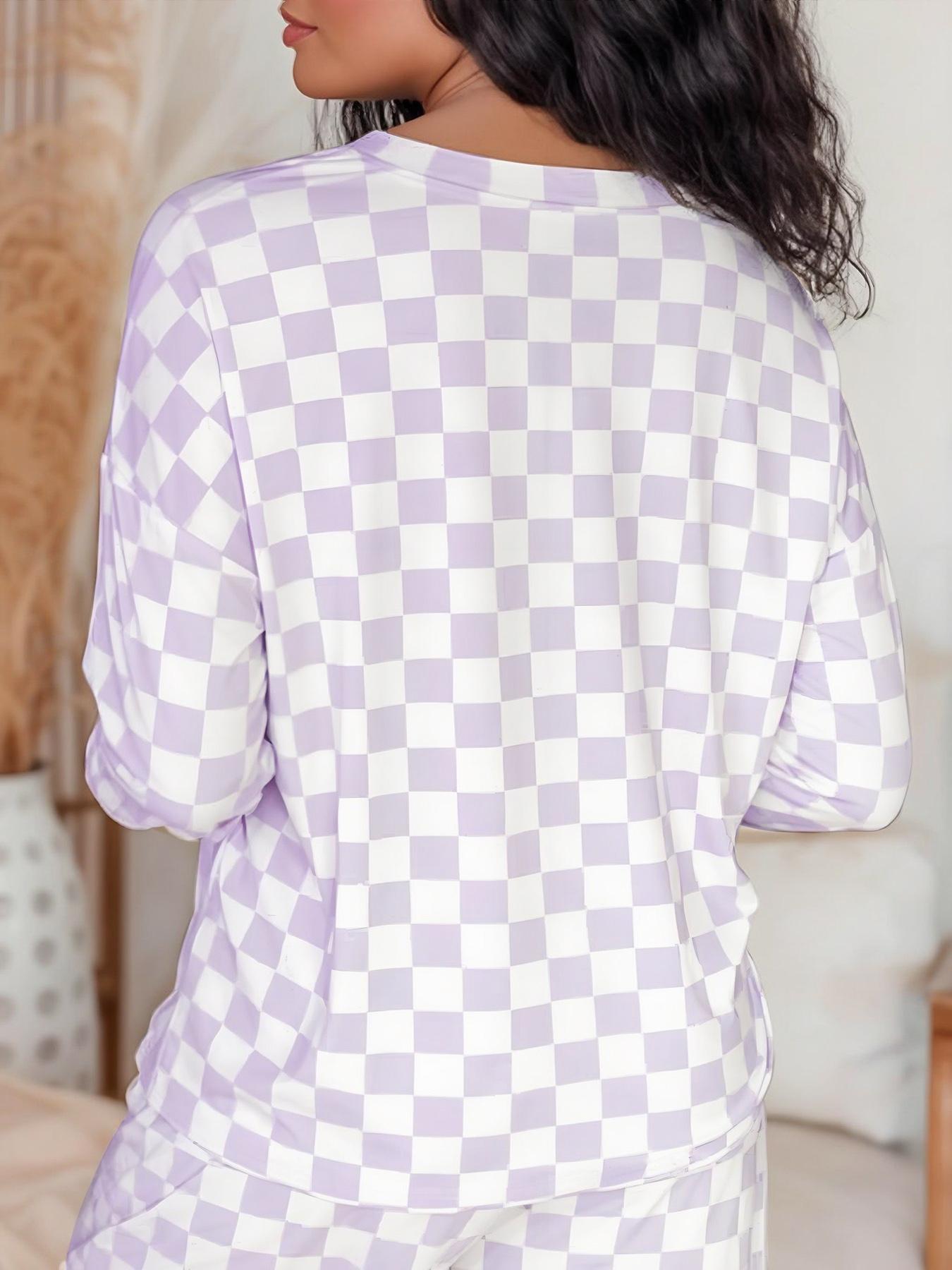 Women's Checkerboard-Print Long Sleeve Tee & Drawstring-Waist Pants Pajama Two-Piece Set, Casual Comfy Round Neck Top & Pocketed Trousers PJ Set, Ladies' Sleepwear & for All Seasons, Soft Lounge Sets