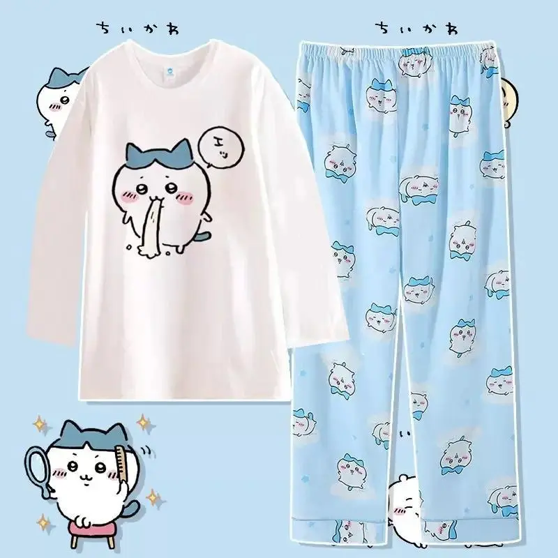 Anime Usag Hachiware Summer thin pajamas round neck Loose long-sleeved shirt and pants Cute cartoon pattern household clothes