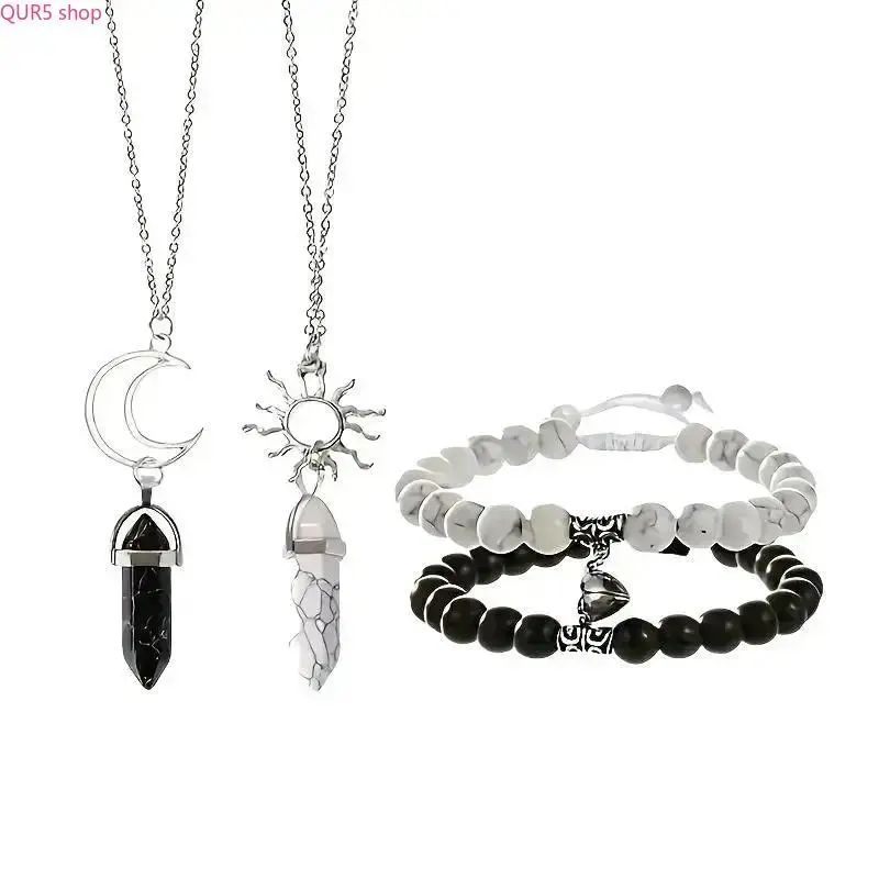 2026 4Pcs Couple Friendship Beaded Bracelets, Magnetic Sun Moon Matching Design with Synthetic Jade Stones, Touchscreen Friendly Stylish Matching Jewelry, Sentimental Accessory for Lovers, Best Friends and Long-Distance Relationship Bonds