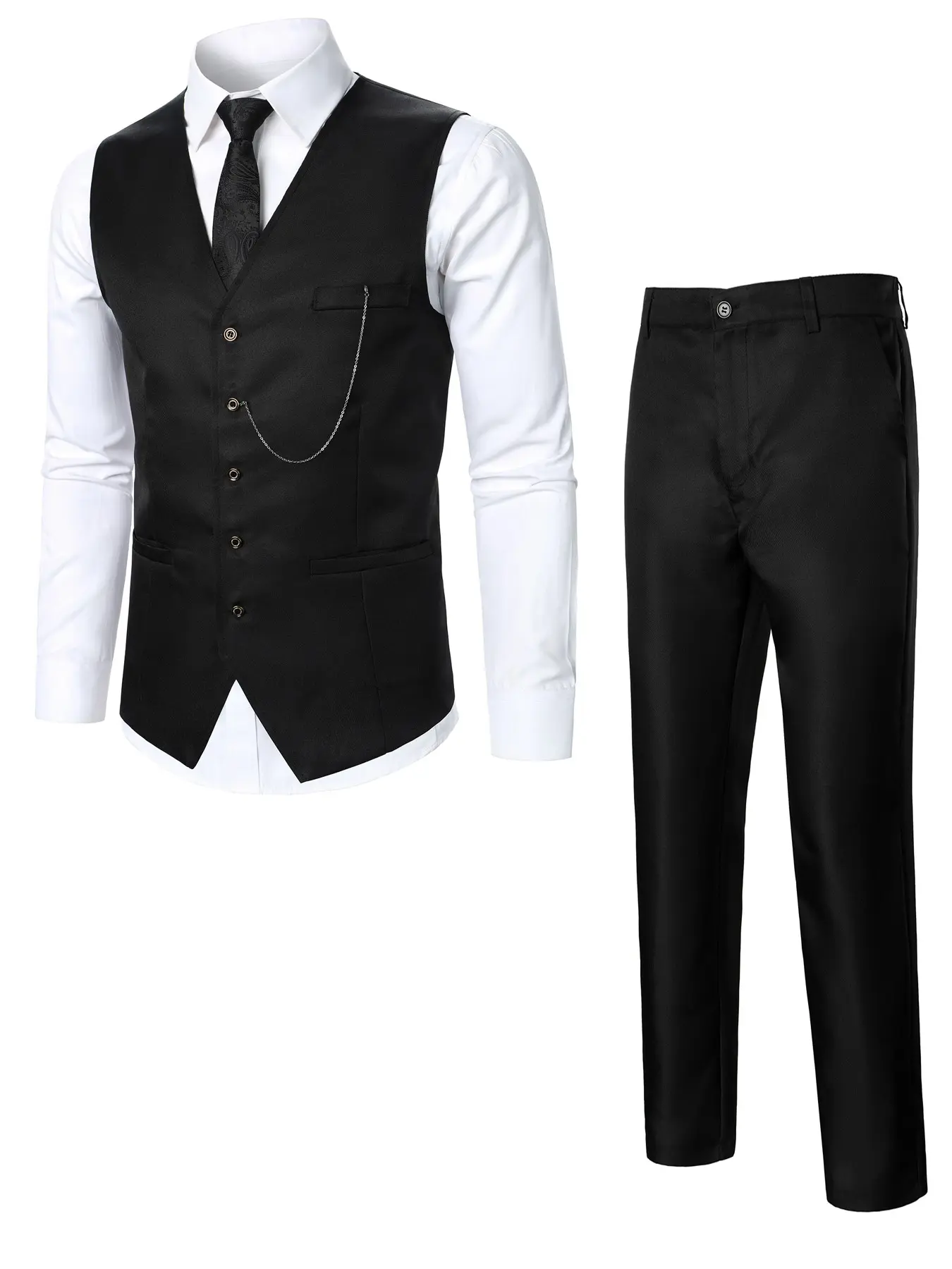 Men's Two-Piece Suit Vest and Pants Set, V-Neck Chain Decorative Tuxedo Vest, Formal Business Wedding Party