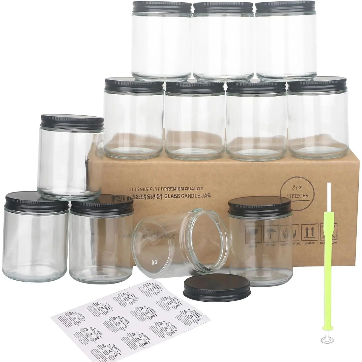 12 Pack 8 OZ Thick Glass Clear Candle Jars with  Black Metal -Bulk Empty Candle Jars for Making Candles-Canning Jar for , Liquid, Sample- Dishwasher Safe.
