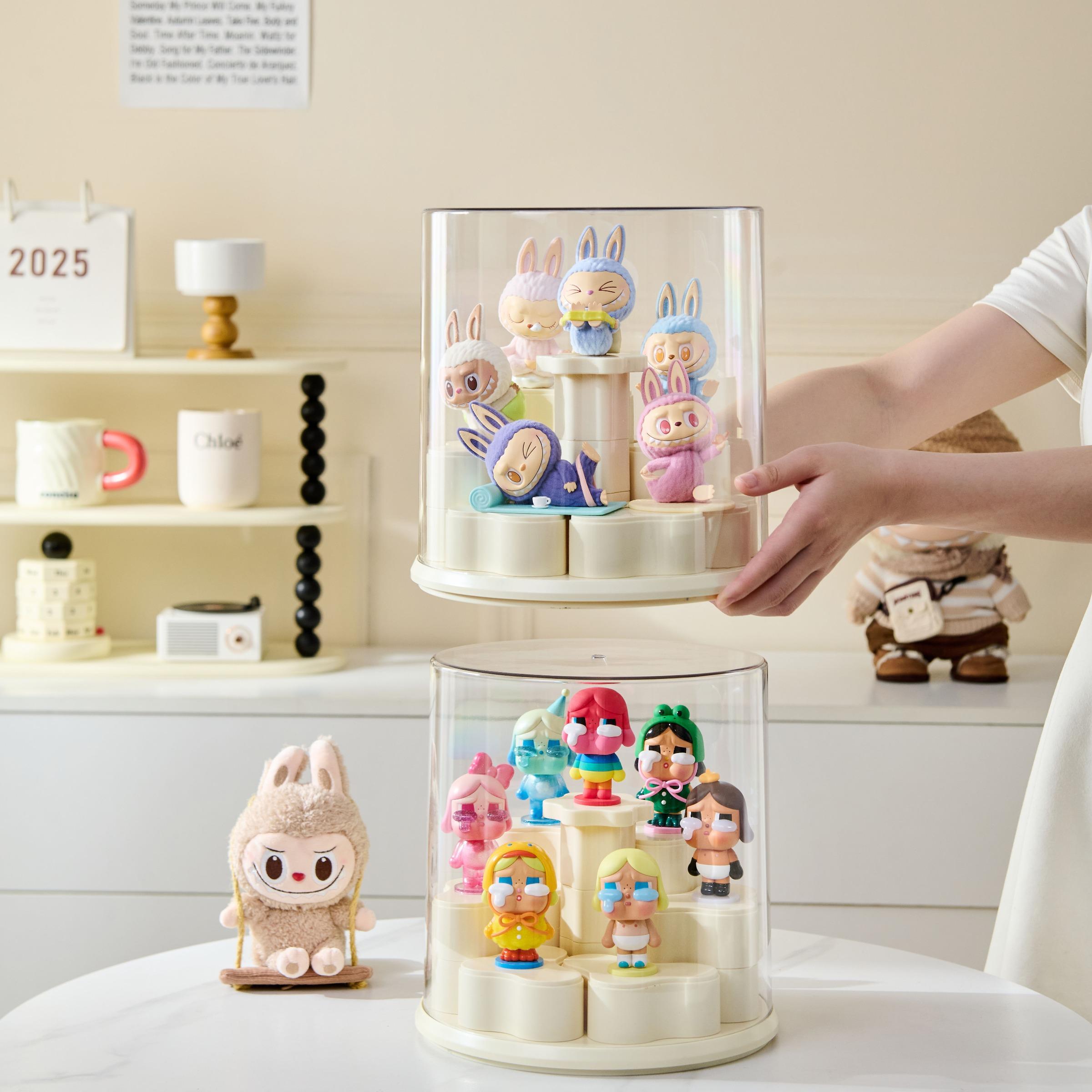 Figurine Display Storage Box with Rotating Base, Transparent Dust Cover, Stackable Cabinet for Pop Mart Labubu Figures, Watches & Jewelry