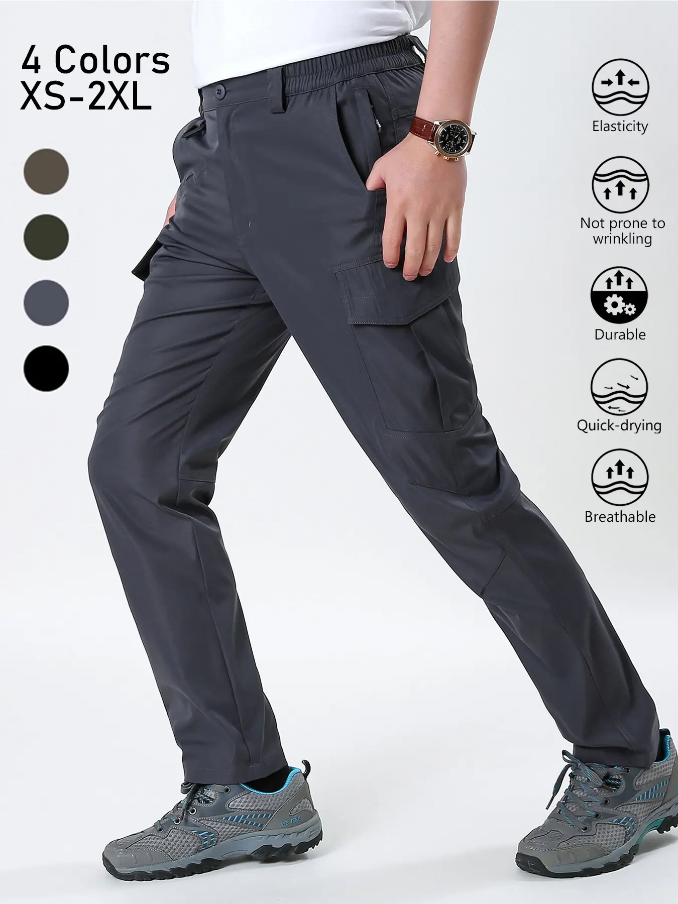 Men's Hiking Pants Quick Dry Lightweight Outdoor Cargo Pants Water Resistant Breathable Stretch Durable Wrinkle Free Work Pants Elastic Waist for Camping Fishing Trekking Travel Casual Golf Athletic Relaxed Fit Tactical Utility Softshell 4 Colors XS-2XL