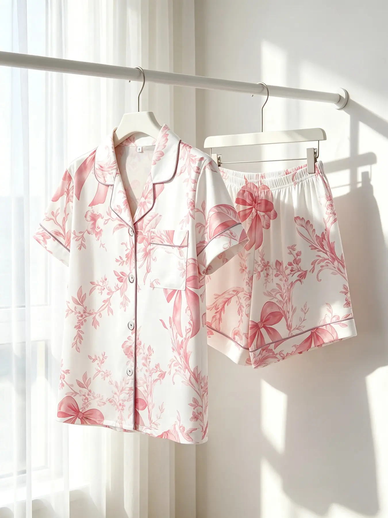 Women's Button-Down Short Sleeve Top & Shorts Pajama Set, White Coquette Bow Vintage Floral Print, Pink Piping, Front Pocket, Spring Summer Wear, Loose Fit, Balletcore French Girly Aesthetic Loungewear Pjs, Women Sleepwear Set