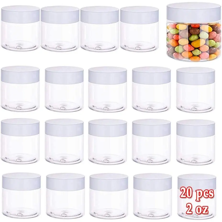 20 count 2oz Plastic  Container,Round Clear Pot Jars with White ,Empty  Jar for Travel Storage,Lotion,Cream,,,Eye Shadow,Painting,DIY Crafts