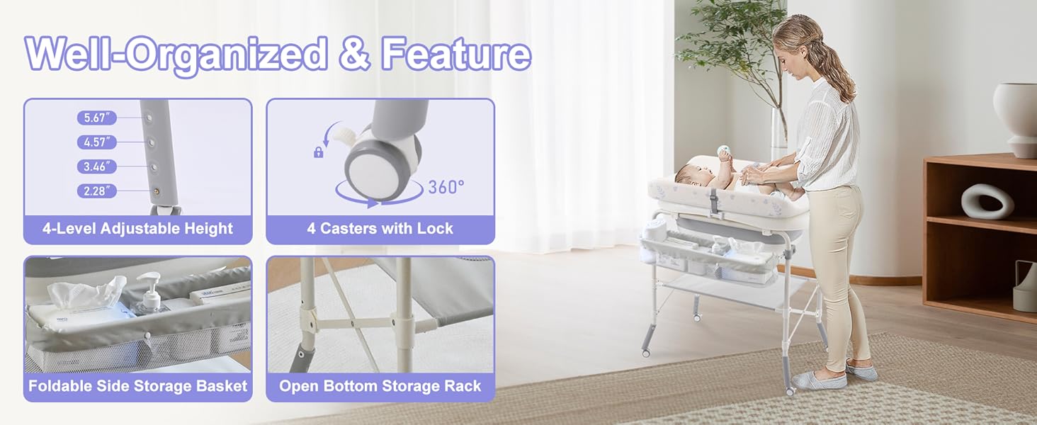 2-in-1 Baby Bathtub with Changing Table, Foldable Diaper Changing Station with 4 Wheels, Waterproof Pad, Storage Rack and Baby Bath Tub, Adjustable Height Portable Nursery Organizer for Newborn Infant