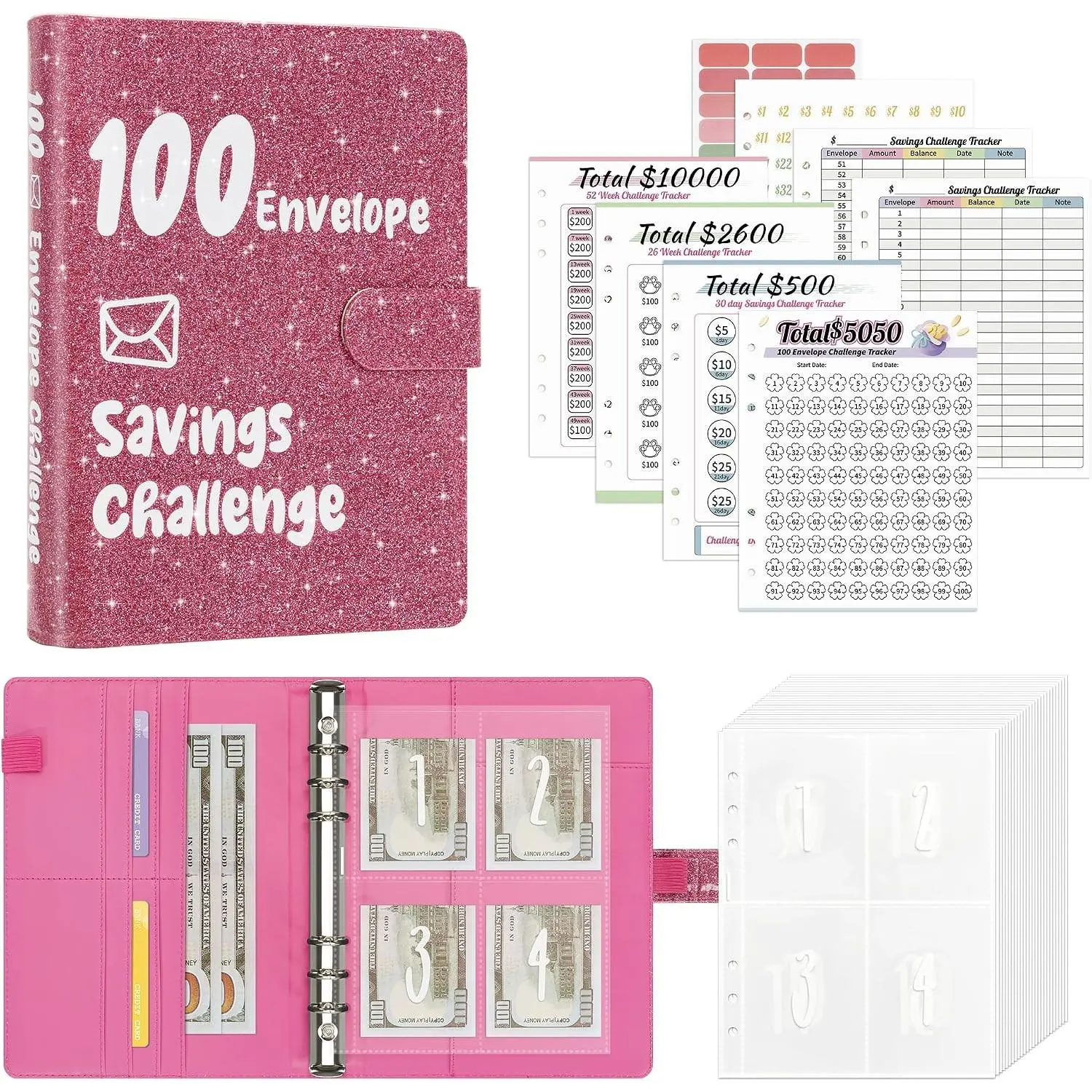 100 Envelopes Money Saving Challenge Book - 52 Week Budget Binder with Cash Envelopes to Save $10,000, Glitter Pink(Gift)