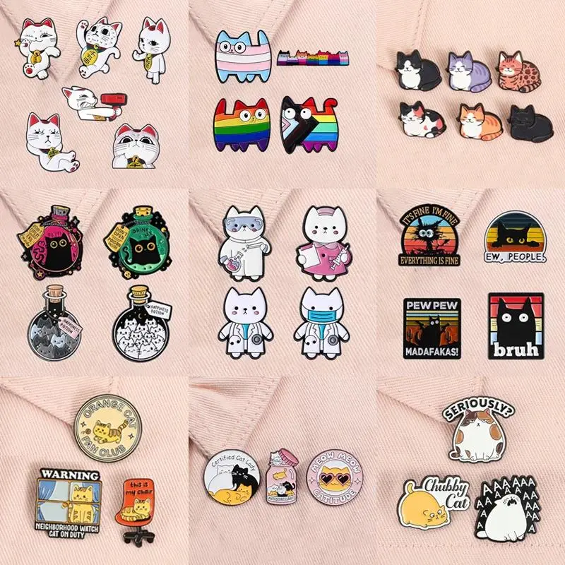 2-5pcs/set Cartoon Cat Enamel Pins Happiness Potion Kitty Elf Certified Cat Lady Kawaii Animal Brooches Lapel Badge Jewelry Gift