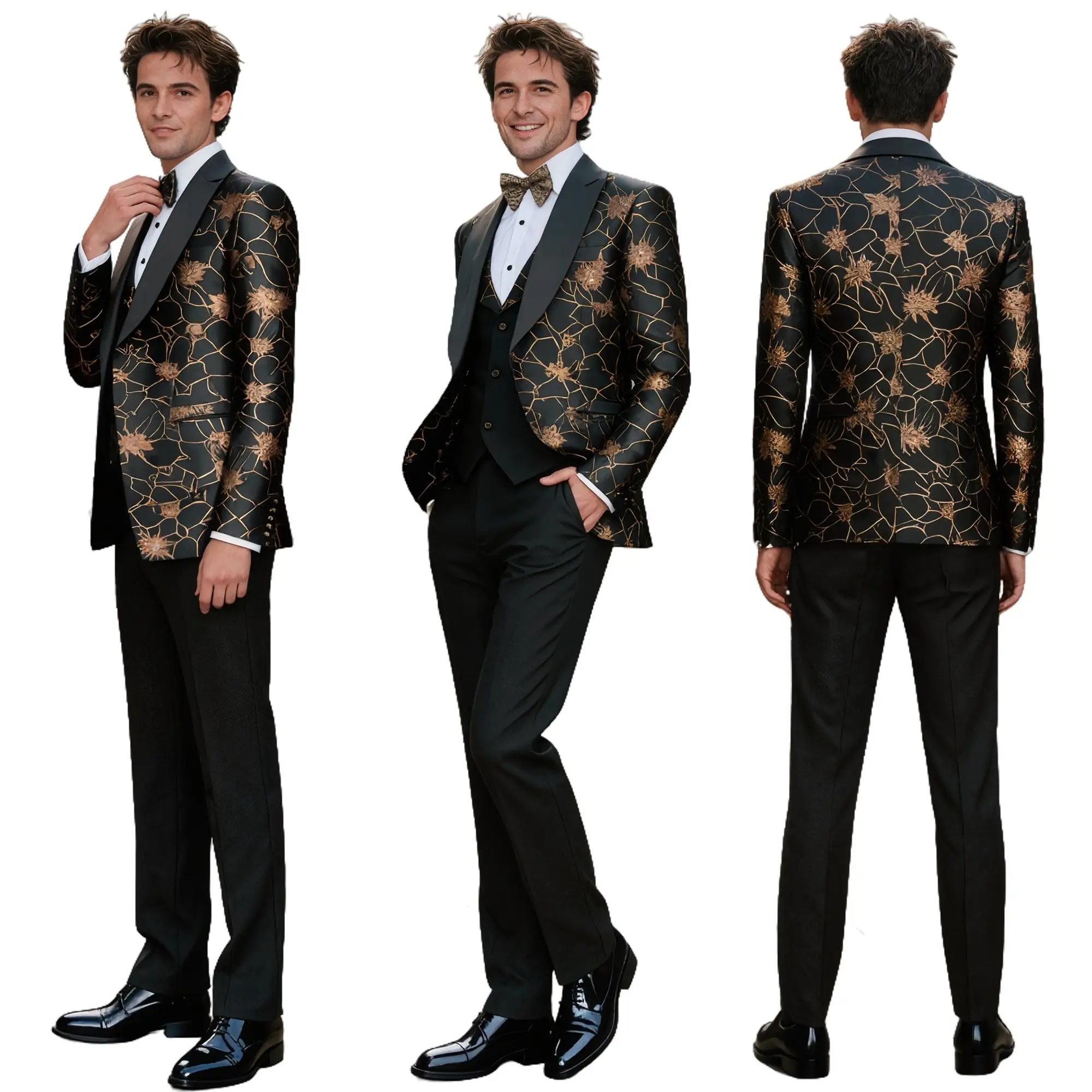 Men's 3-Piece Tuxedo Suit Set, Vintage Shiny Baroque Pattern with Satin Lapel Blazer, Vest & Trousers, Fitted Formal Wear for Parties, Buttons