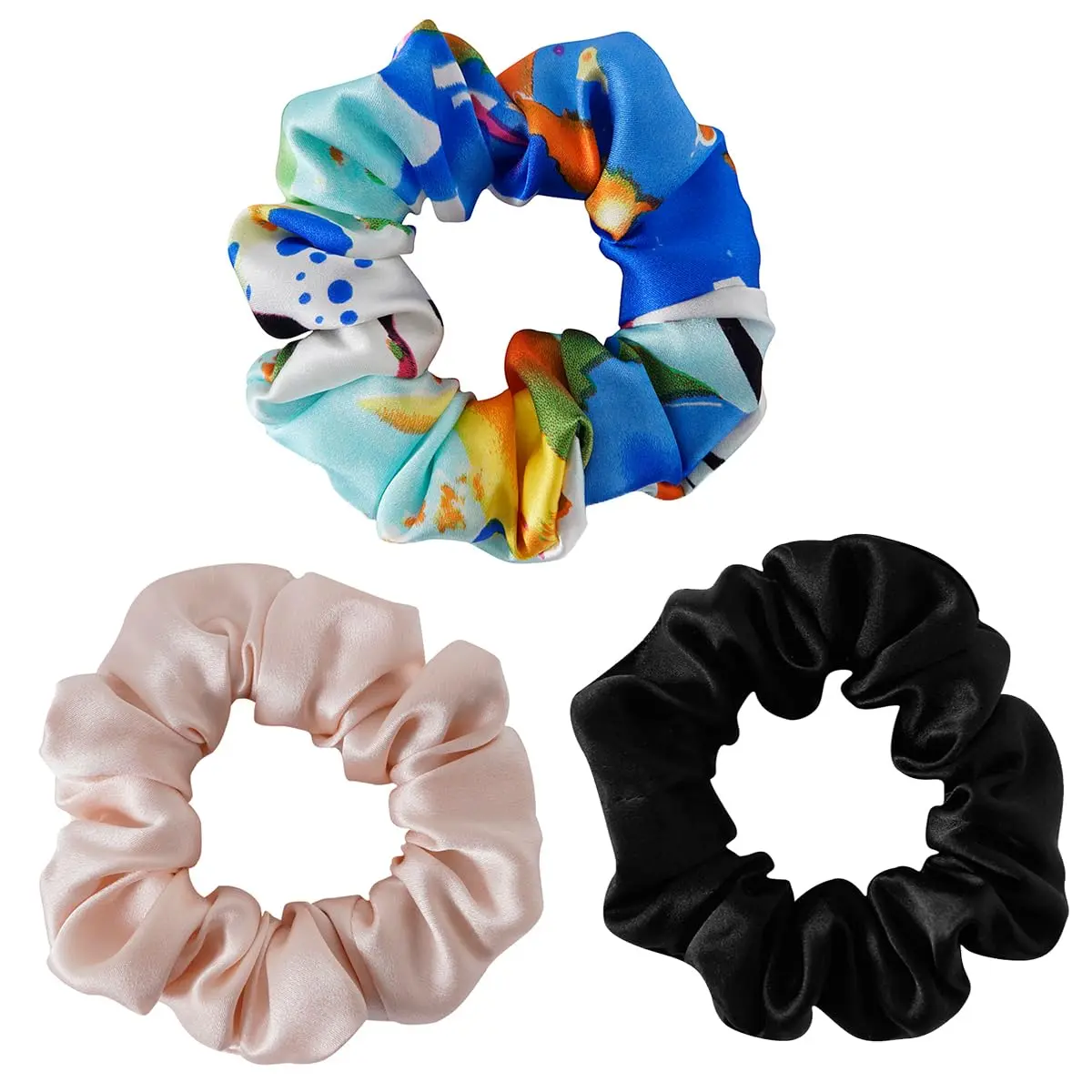 19Momme Silk Scrunchie Thick Hair Ties for Curly Hair, No Slip Hair Bands for Women,  Satin Hair Accessories (Black,Eternal Aura,Polka dot)