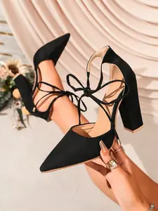 French Style PU Leather High Heel Shoe, Plain Design, Spring & Fall Wear, Rubber Sole, Less Than Ankle Height, Versatile Office Shoe