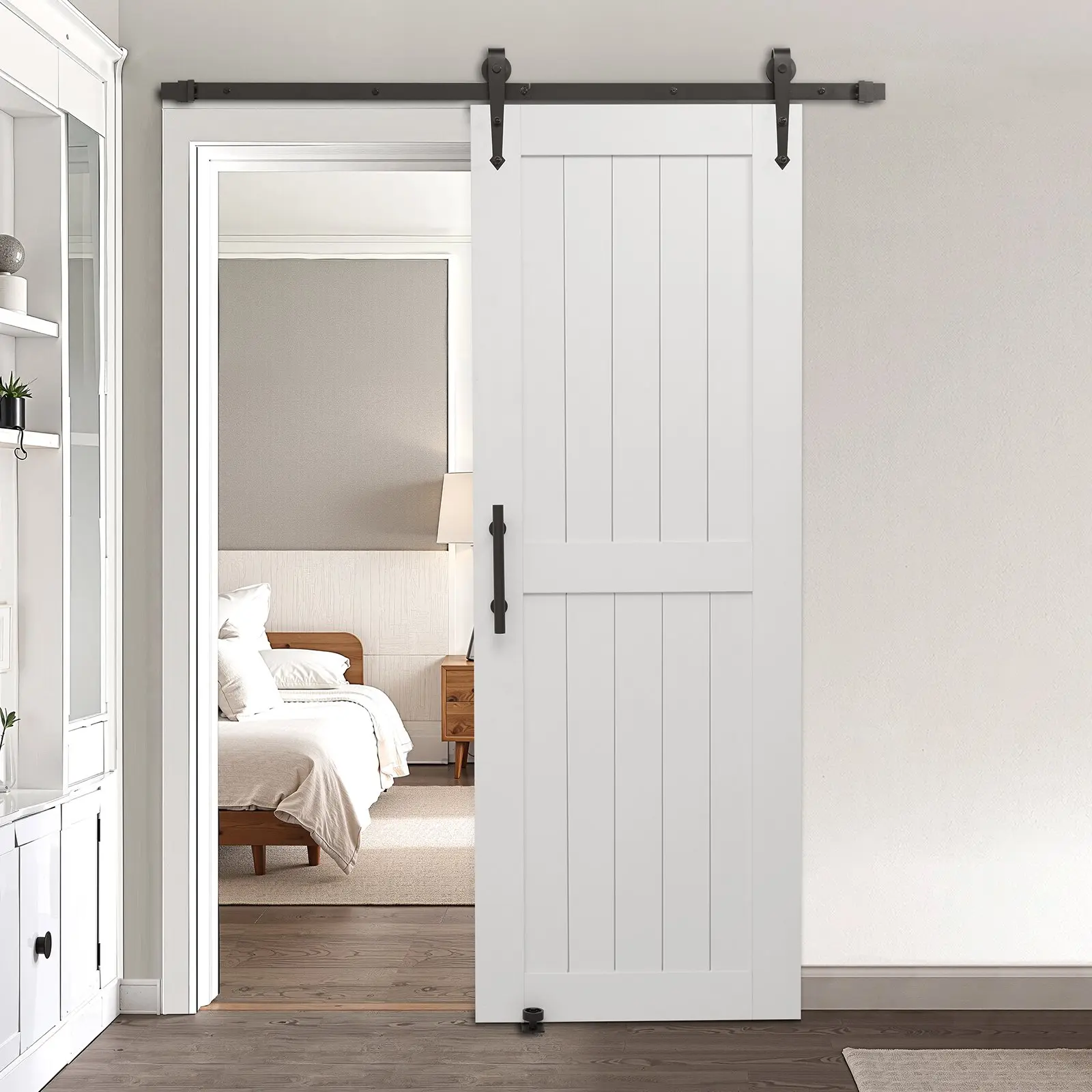 VEVOR Sliding Barn Door Kit Set, 30 x 84 inch Doors, High-Strength MDF Panel + Pine H-Frame, Waterproof PVC Surface, Easy Installation, Quiet Sliding, for Living Room, Bathroom