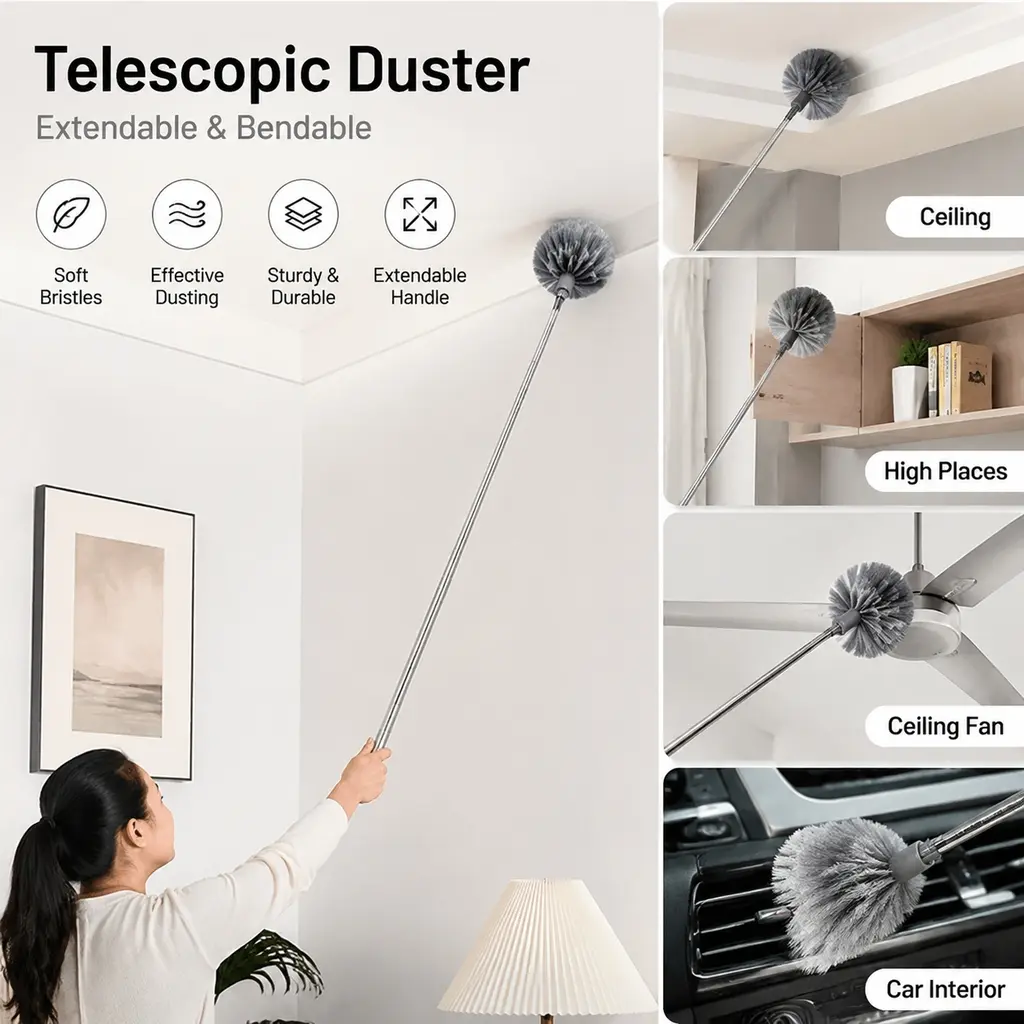 Ceiling Duster with Extendable Pole, Long Handle Cobweb Duster for Removing Dust and Spider Webs, Lightweight Household Cleaning Tool for High Ceilings, Walls, Corners, Fans, Home and Office Use