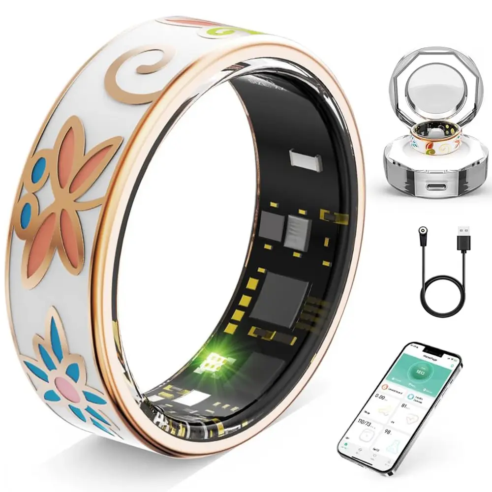 R18 Enamel‑Coated Smart Ring, Stylish Women’s Smart Health Wearable Ring, All‑Day Biometric Tracking for Heart Rate, Blood Pressure, Blood Oxygen and Sleep Monitoring, Fashion Tech Health Accessory for Daily Wear