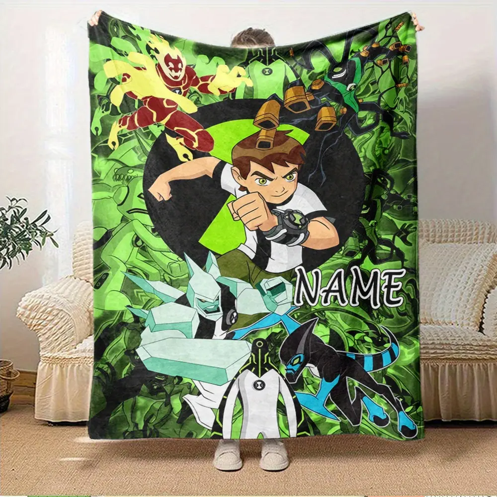 Custom Name Ben 10 Alien Hero Collage Fleece Throw Blanket, Green Swirl Omnitrix Background Heatblast Diamondhead XLR8 Print, Soft Lightweight Decor For Classic Cartoon Kids Birthday Holiday Gift
