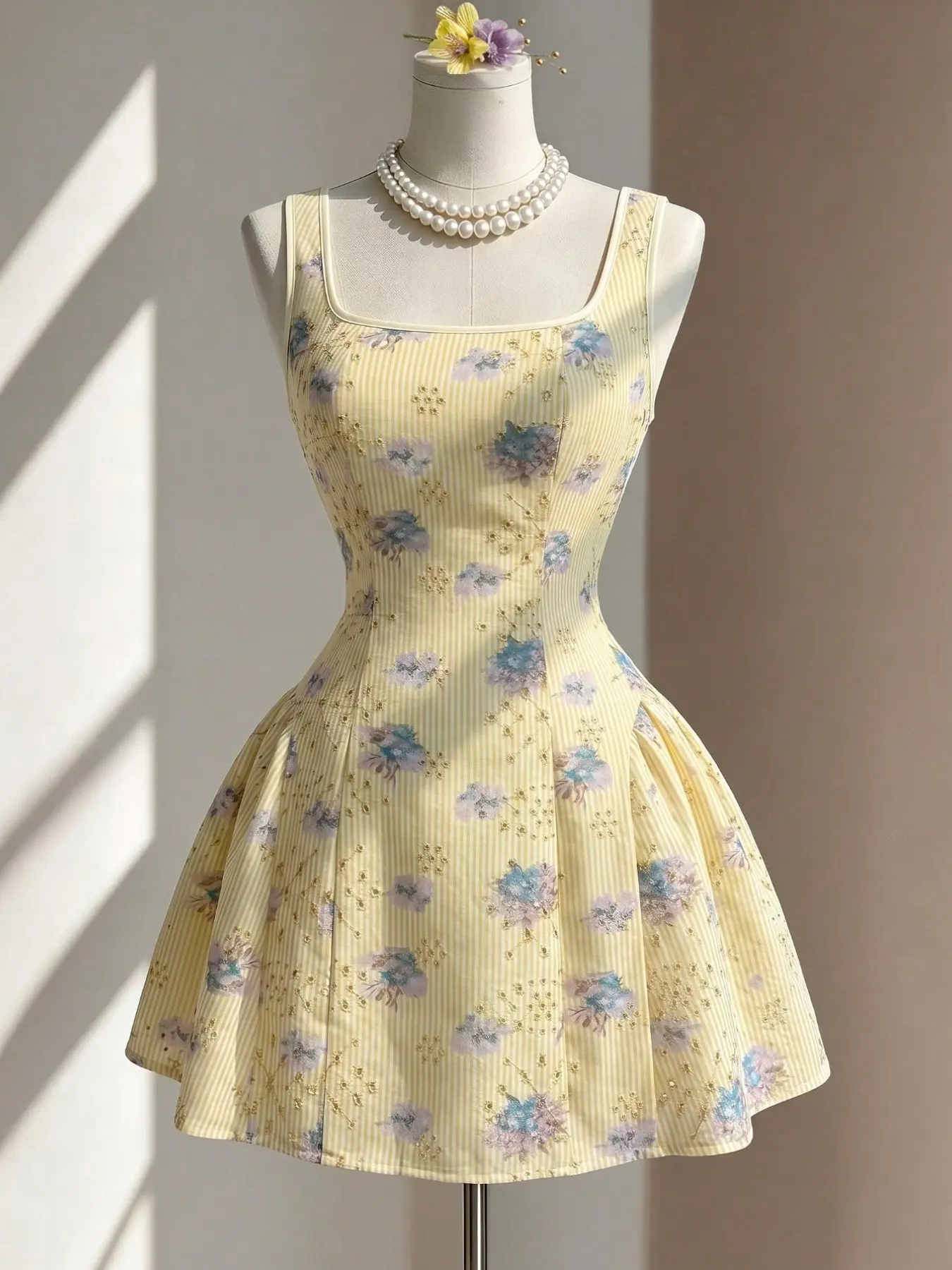 Vivi Summer Striped Floral Sleeveless Square Neck Feminine Mini Dress, High Waist A-Line Flared Princess Dress with Tie Waist for Date & Vacation