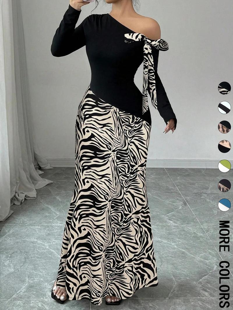 Women's Colorblock Striped Print Asymmetrical Neck Mermaid Dress, Elegant Fashion Long Sleeve Dress for Party Dating Wear, Women Dress for All Seasons, Formal Bodycon Dress