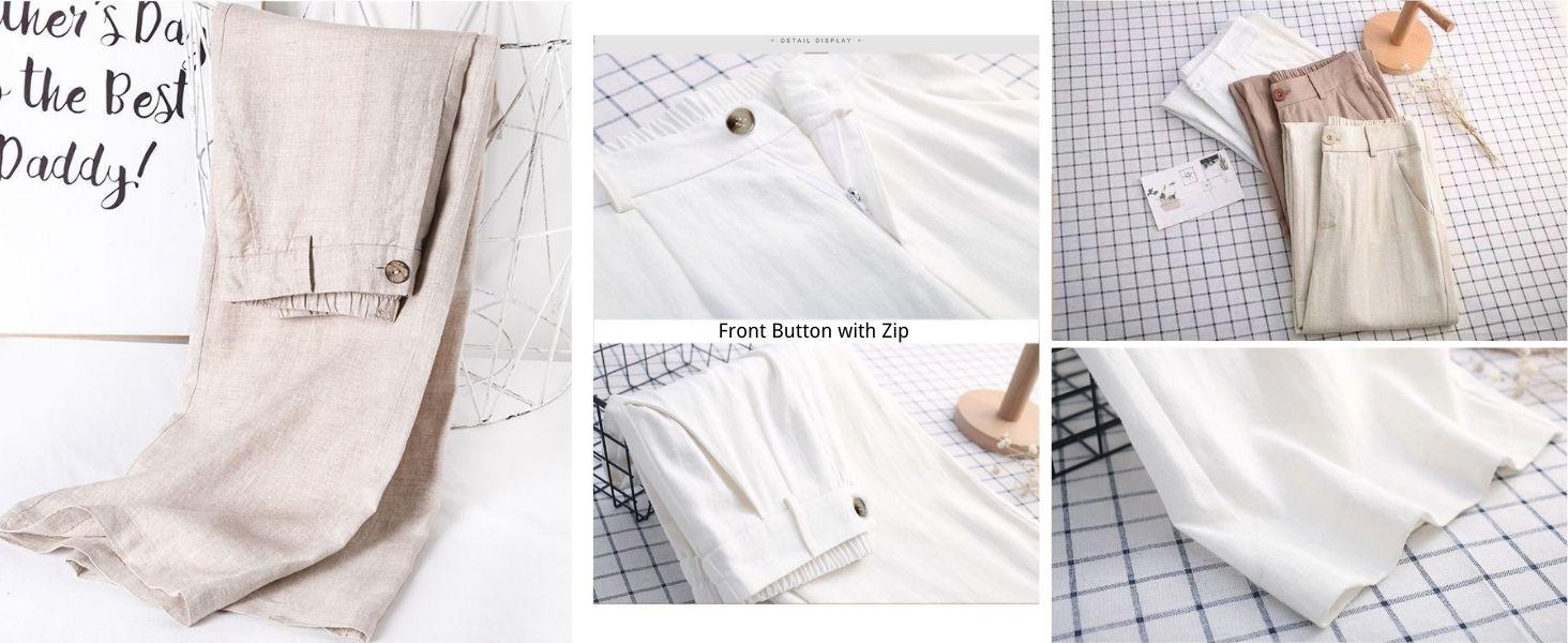 2026-2027-Women's High Waisted Wide Leg Linen Pants  Casual Button Up Cotton Trousers for Summer  Loose Comfy Beach Pants