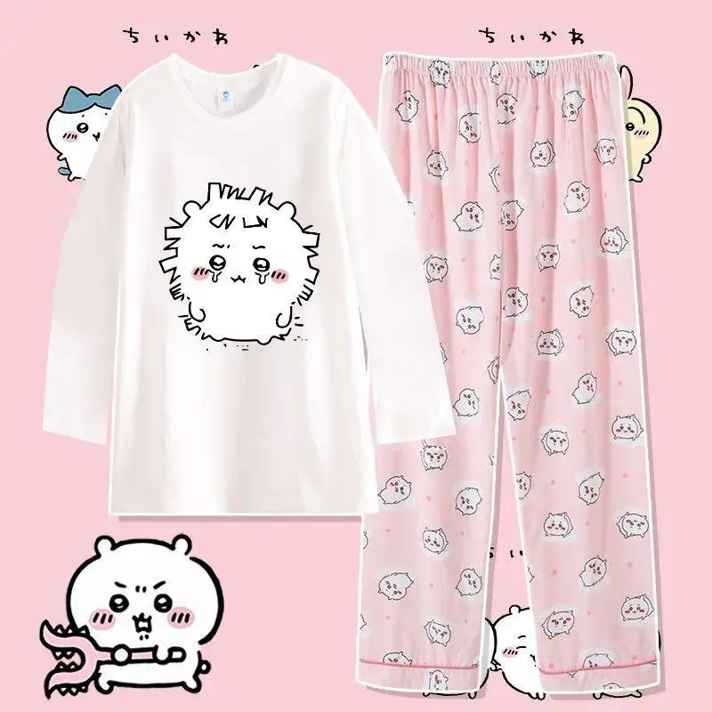 Chiikawa Hachiware Usagi Motif Kawaii Print 2-Piece Pure Cotton Pajama Set - Long Sleeve Shirt, Pyjama Bottoms, Soft Loungewear for Home Sleepwear