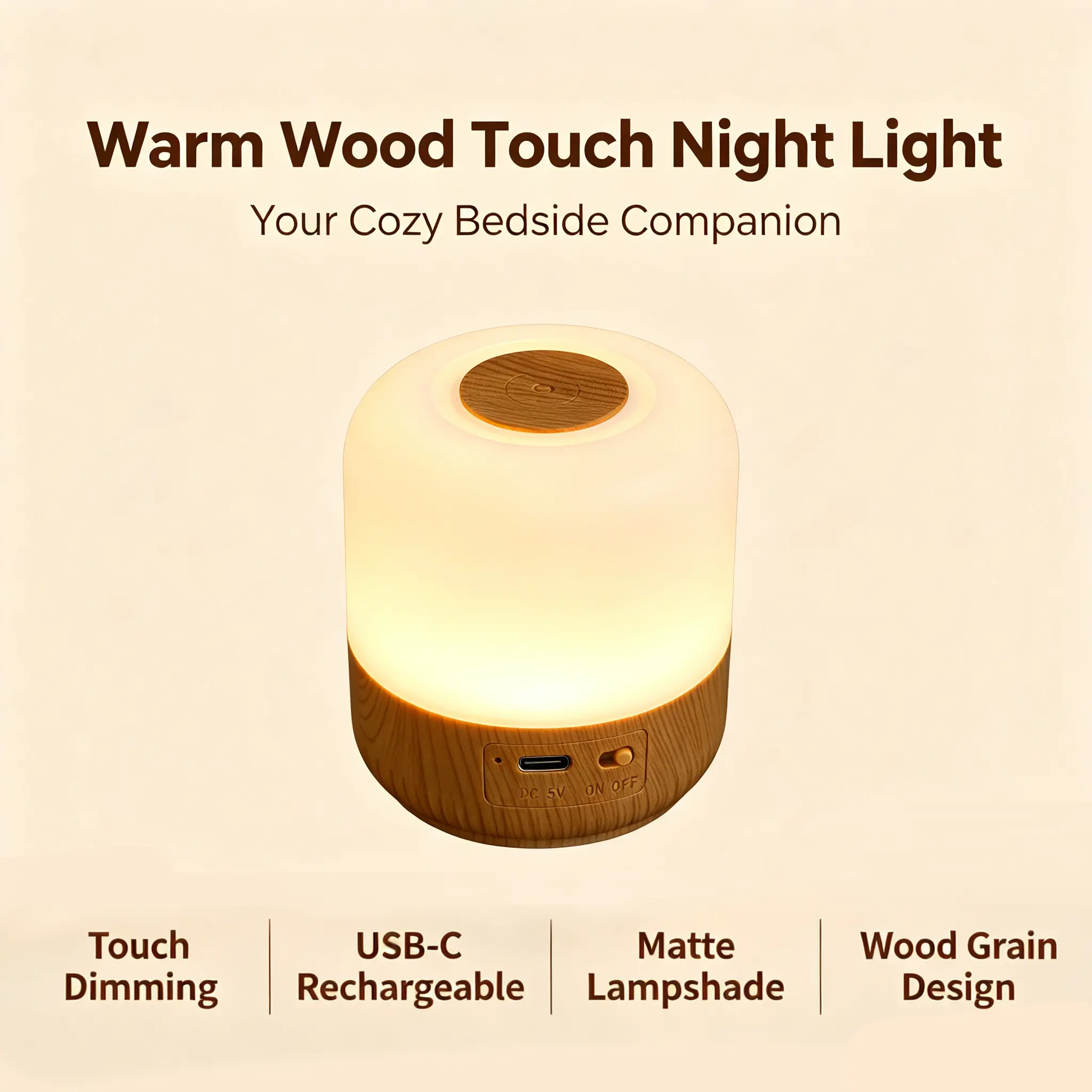 Rechargeable Portable LED Night Light With Touch Sensor Control, 3 Color Temperature Modes, Stepless Dimming, Type-C Fast Charging, Eye-friendly Zero Blue Light, 360° Surround Lighting, Ideal For Bedrooms, Bedside Use, Reading, Home Office And Travel