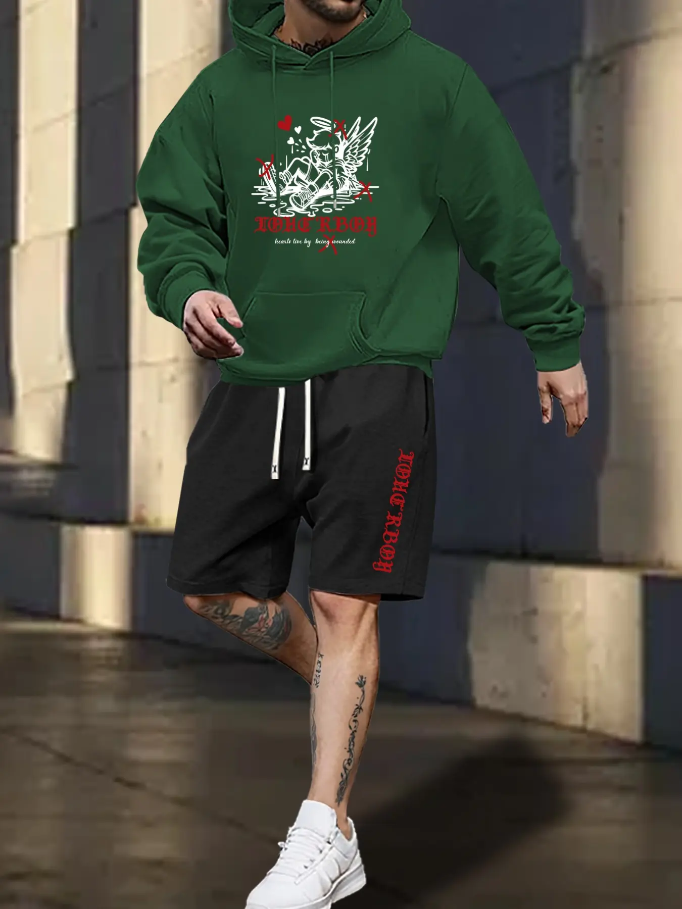 Trendy Men's Fall Winter Suit, Hooded Top with Casual Shorts, Gothic Font Angel Illustration, Dark Art Style Fashion