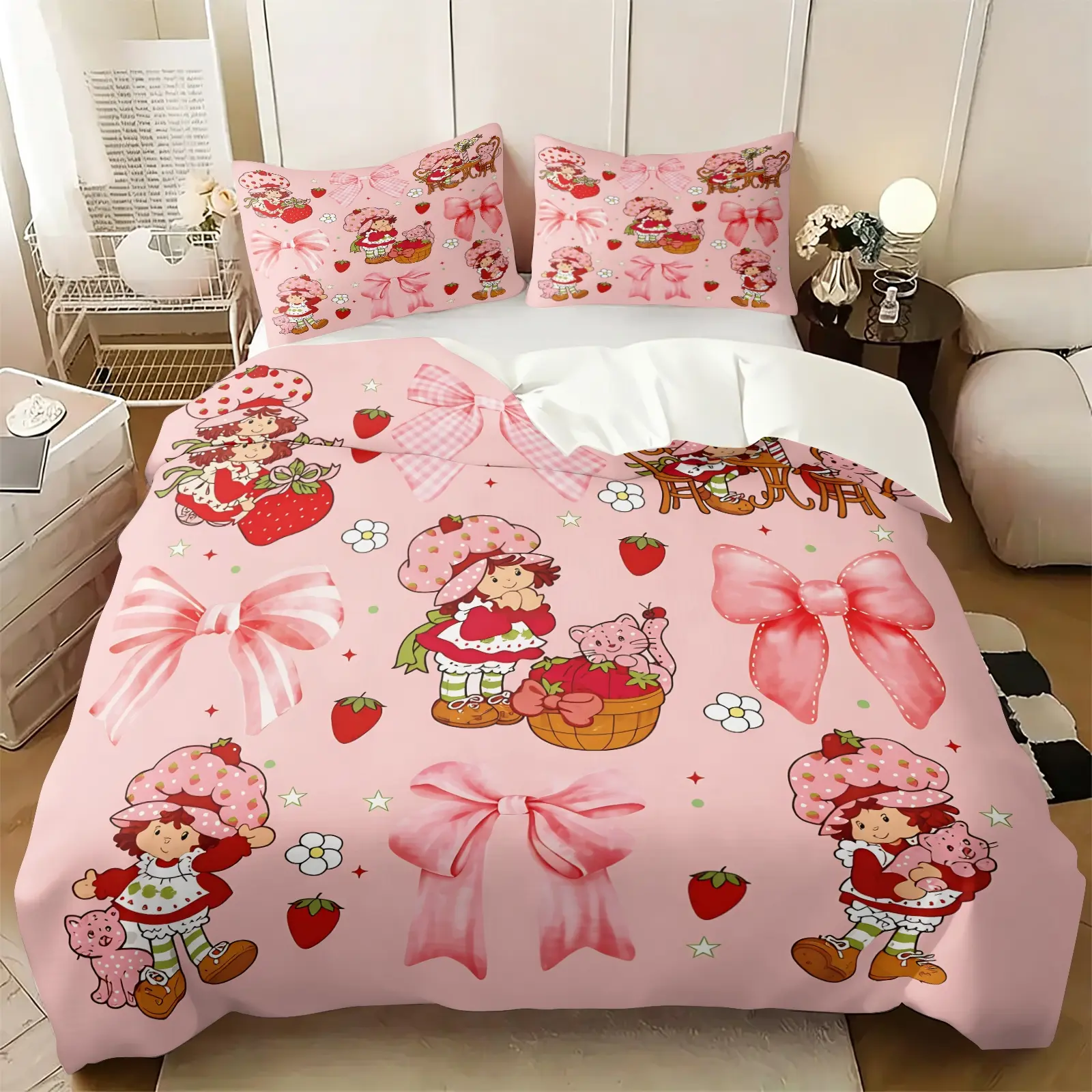 Sweet Pink Strawberry Girl Cartoon Print Duvet Cover Set, Includes 1-2 Pillowcases, Soft Anti-Pilling Fabric, Pink Plaid Bow Cottagecore Bedding All Size, Ideal Lovely Decorative Gift For Retro Cartoon And Strawberry Lovers