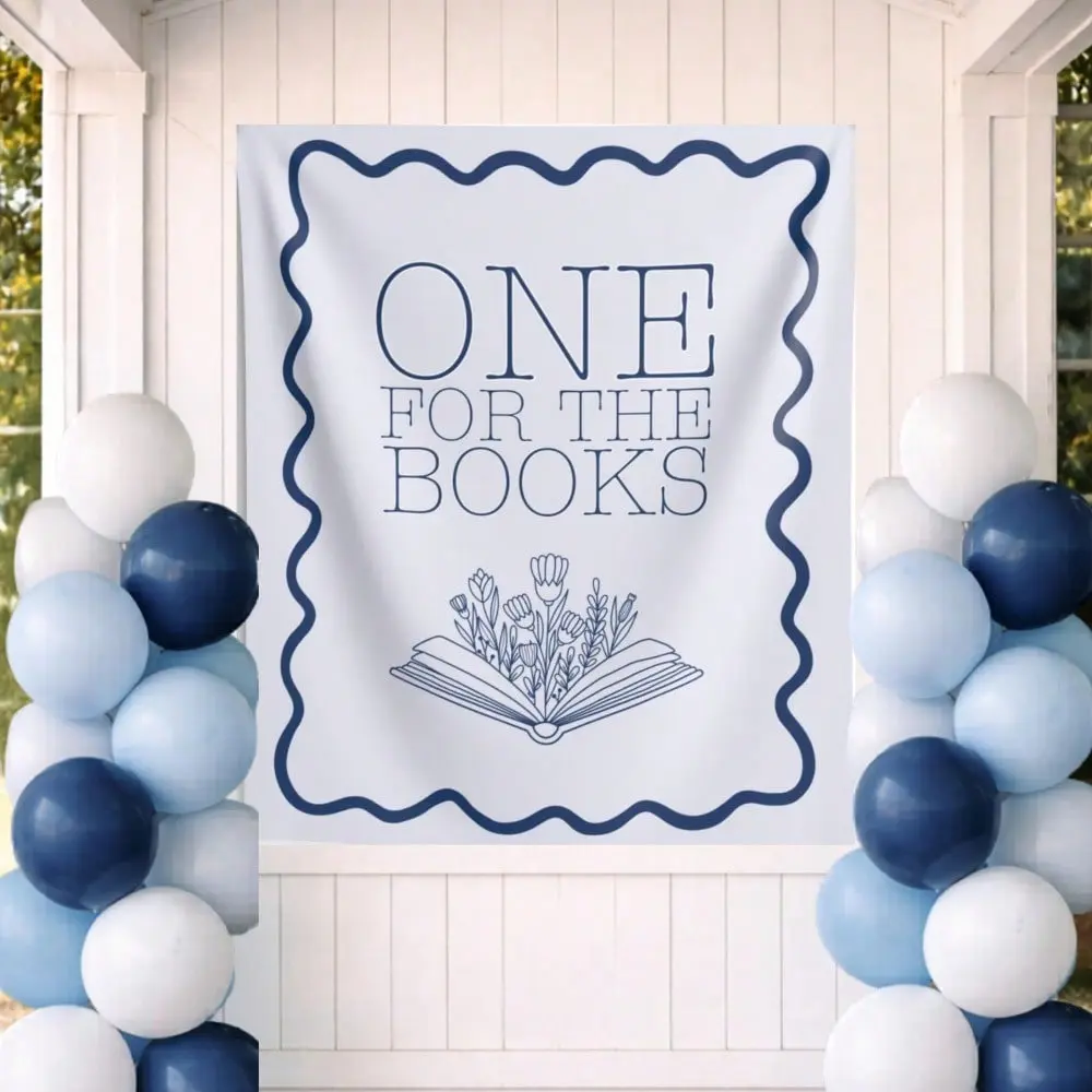 One For The Books First Birthday Backdrop Tapestry Wavy Border Open Book Floral Print Baby Boy 1st Birthday Party Photo Background Wall Hanging Decor