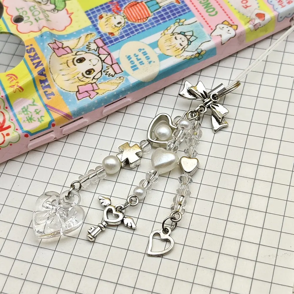 1PC Y2K Aesthetic Phone Charm Silver Heart & Angel Wings Beaded Lanyard Phone Chain Anti-Lost Strap for Girls Smartphone Camera Bags Decoration Phone Accessories