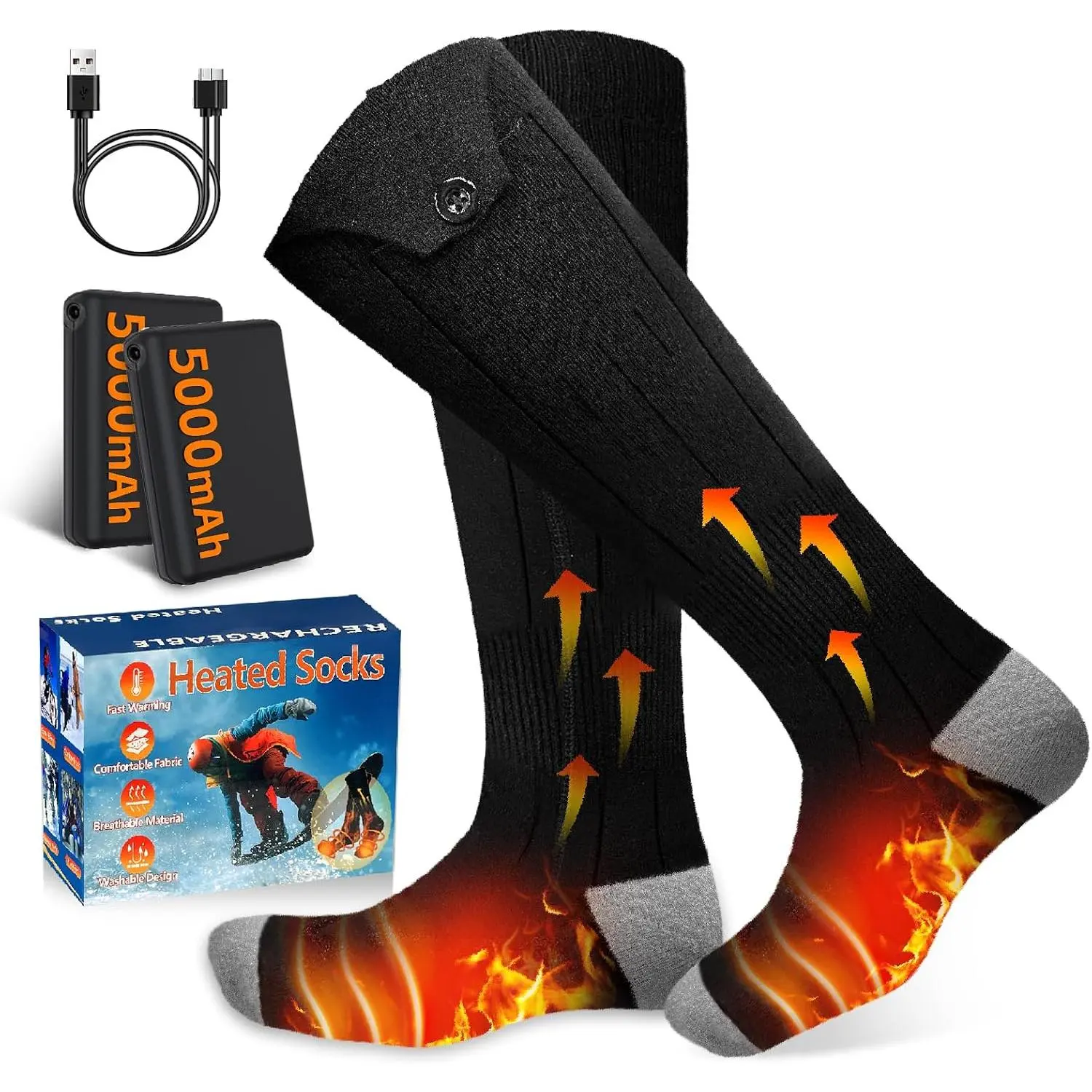 Heated Socks for Men - 5V5000mAh Rechargeable Battery Heat Up to 9 Hours/Foot Sole&Instep Heating/4 Heating Levels/Suitable for Winter Skiing Hunting Camping Hiking Cycling