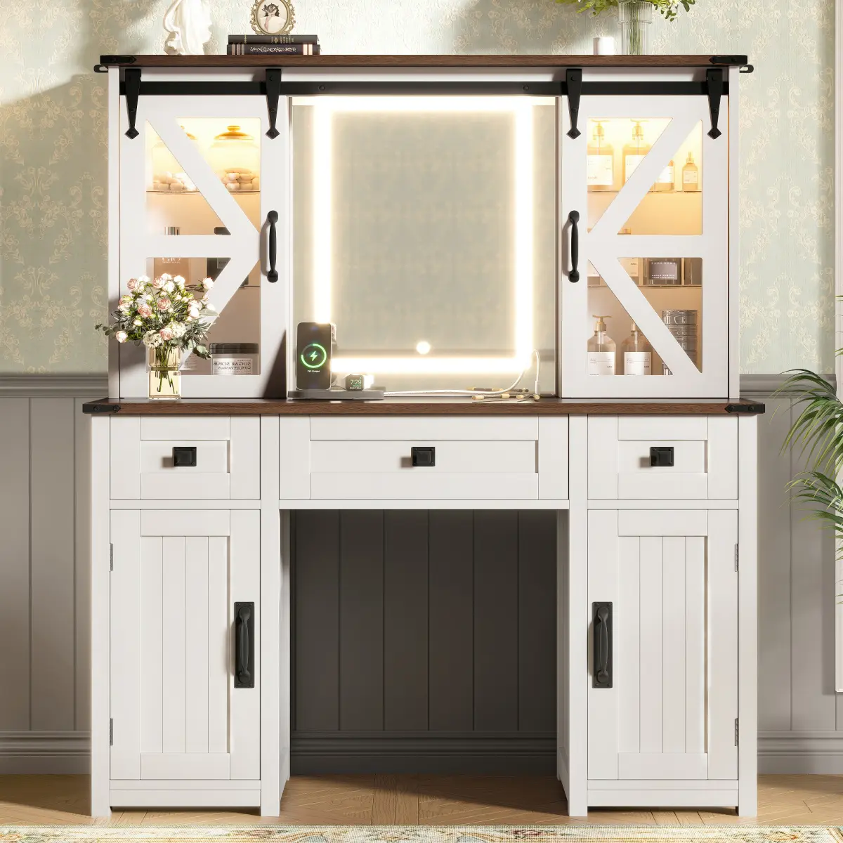 Beige Farmhouse Makeup Vanity Desk (Stool NOT Included) - 43.3in Rectangular MDF Wood, Lighted Mirror, Charging Station, Sliding Barn Doors, Hidden Shelves, 3 Drawers, 4 Cabinets for Large Space