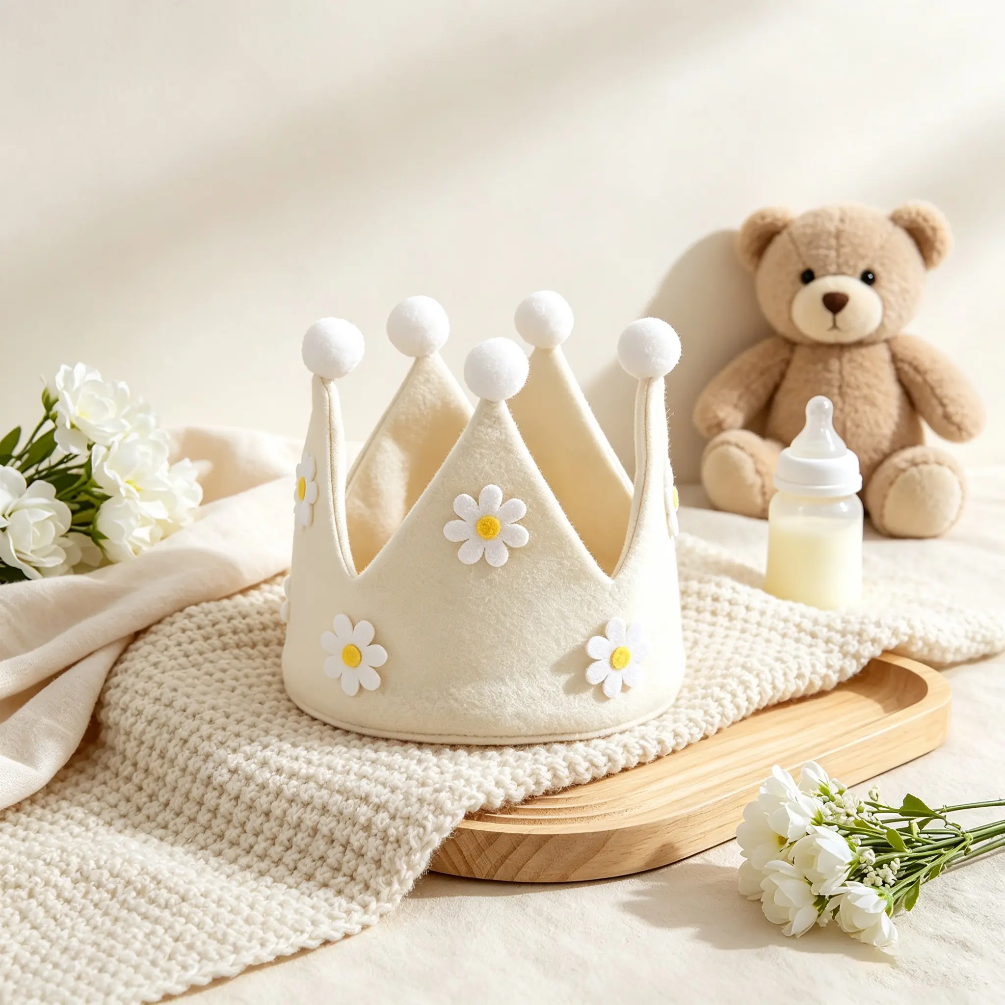 White Daisy Crown Party Hat, Soft Fabric Birthday Crown with Pom-Poms, Cute Flower Crown Photo Prop for Kids, Baby Shower and Birthday Party Decor, Birthday Party Hats