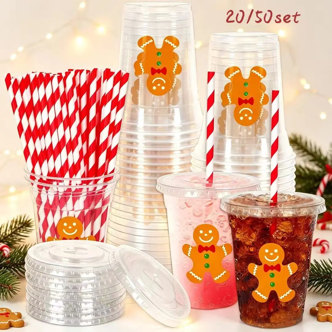 20/50 Pcs 12oz Christmas Disposable Plastic Cups with Lids and Striped Straw, Cute Gingerbread Cold Drink Cups for Parties