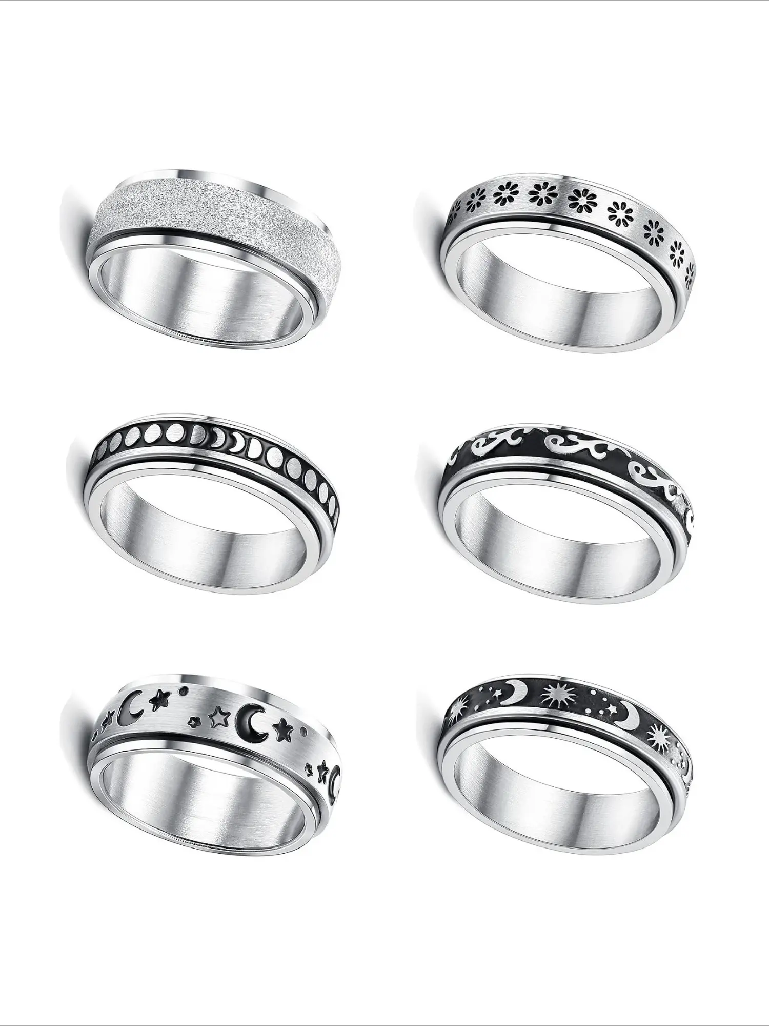 6 Pcs Fine Etched Cosmic Fidget Twirl Ring Pack Sensitive-Skin Friendly 316L Stainless Steel Rotating Bands Retro Swirl Textures Mixed Solar Lunar Milky Way Galaxy Motifs Great for Hiking Beach Weekend Trips Multi-design Moon Star Engraved Spinner Rings