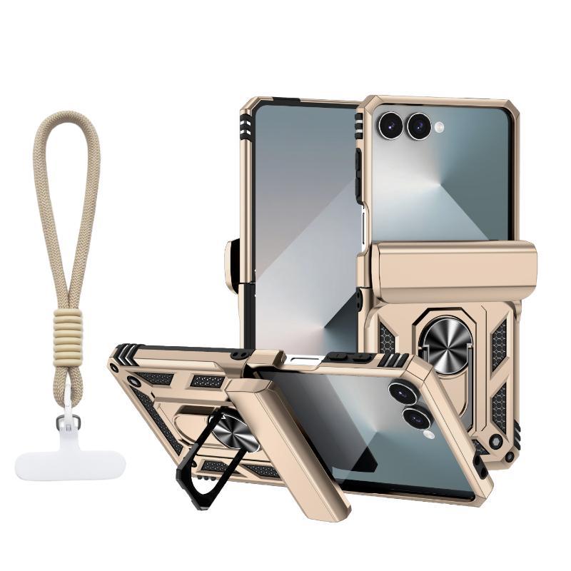 360 ° Rotating Metal Car Bracket Ring Solid Color Armor Lanyard Phone Case For Samsung Galaxy Z Flip 7 6 5 4 3 Protection Cover