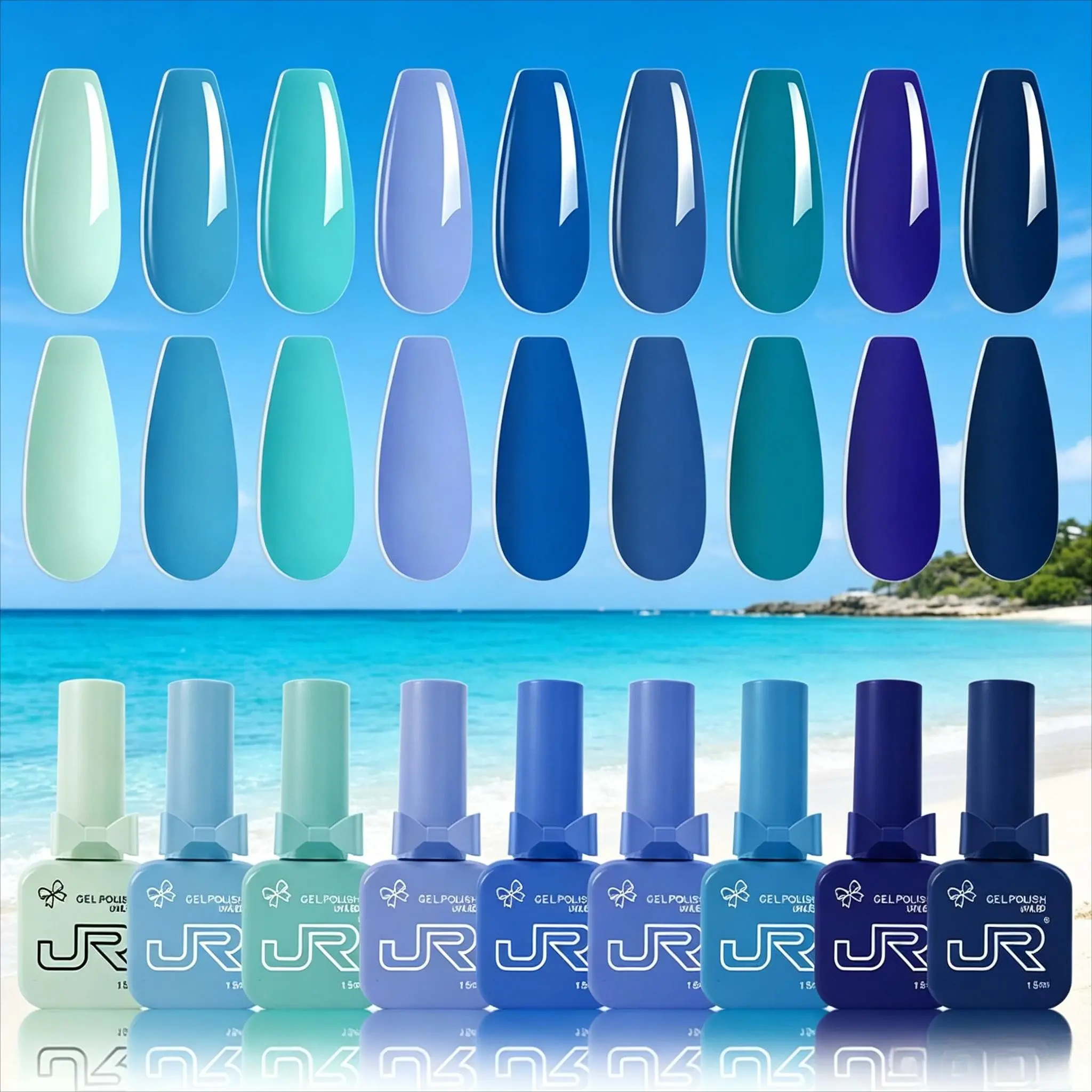 JR 9 PCS 0.5oz Glossy Nail Gel Art Polish Set, Same Color Same bottle Ocean Blue light Blue Sky Blue Gel Nail Set, UV LED Soak Off Gel Polishes Set, Home DIY Gift Blue Set