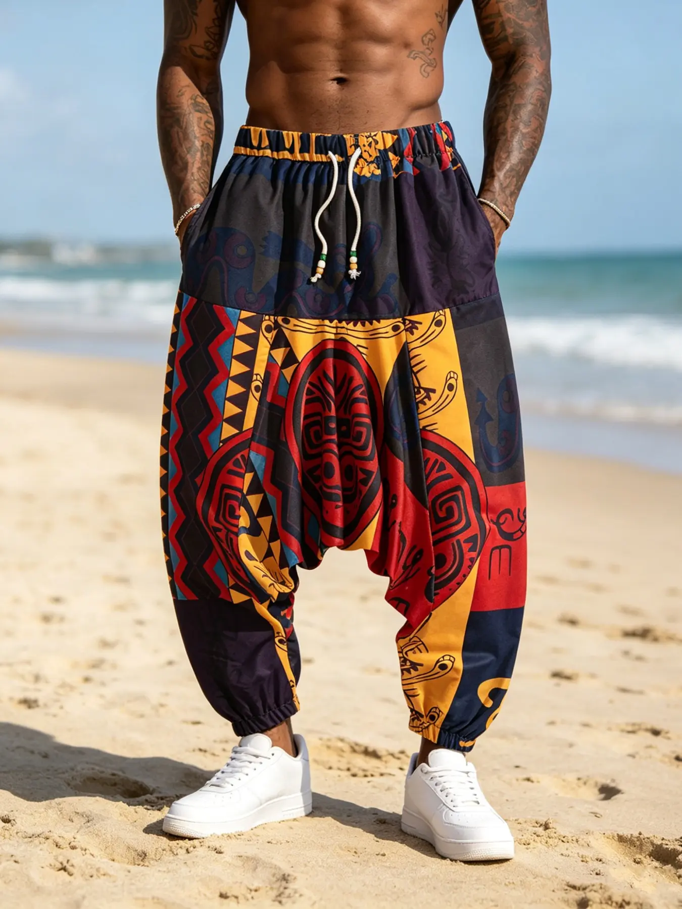 Men's Tribal Mask Print Harem Pants, Elastic Waist Baggy Casual Boho Festival Trousers, Ideal for Beach Vacation, Streetwear & Yoga