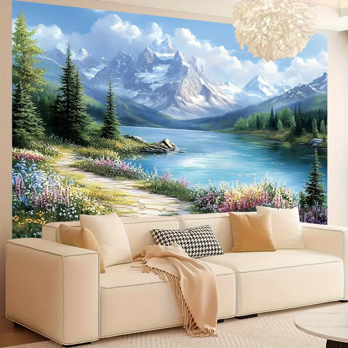 2D Flat Mountain Lake Banner | Scenic Nature Landscape Backdrop | Single-Sided Polyester | Metal Grommets for Easy Hanging | Home, Party & Photo Decor