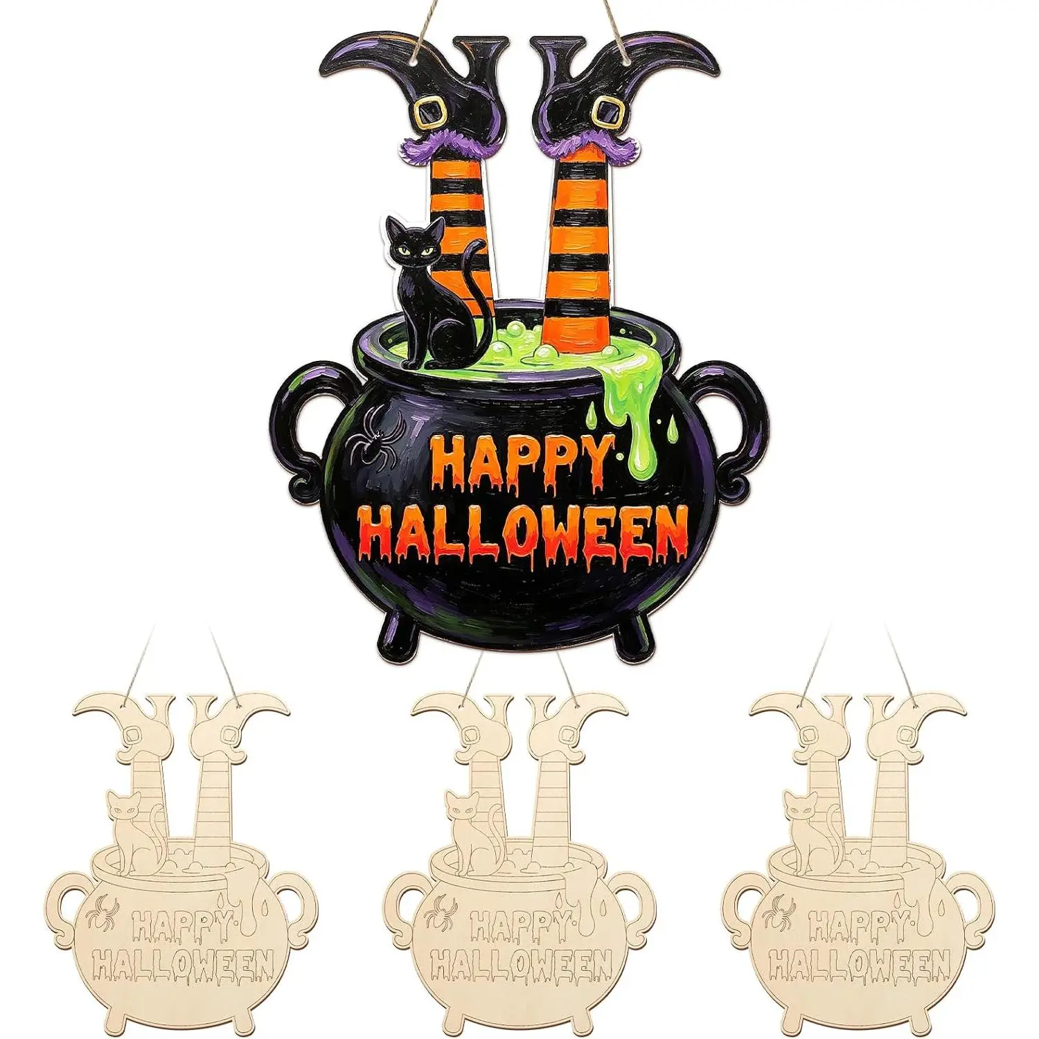 Paintable Halloween Ornaments 3 Sets, Wooden Happy Halloween Cauldron Ornaments to Paint, Unfinished Bat Cat Witch Wreaths Wood Crafts for Painting, DIY Wood Cutouts Hanging Ornament for Door Decor