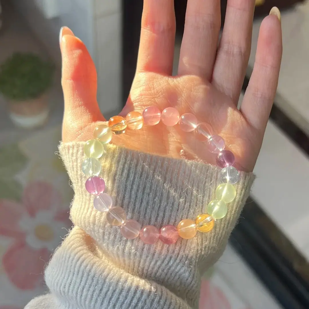 Rainbow Pastel Gemstone Bracelet with Morganite & Strawberry Quartz, Stretch Crystal Jewelry for Women, Pairs with Dresses & Minimalist Outfits, Birthday Gift for Adults, Beaded Jewelry, Pastels, Lightweight, Casual