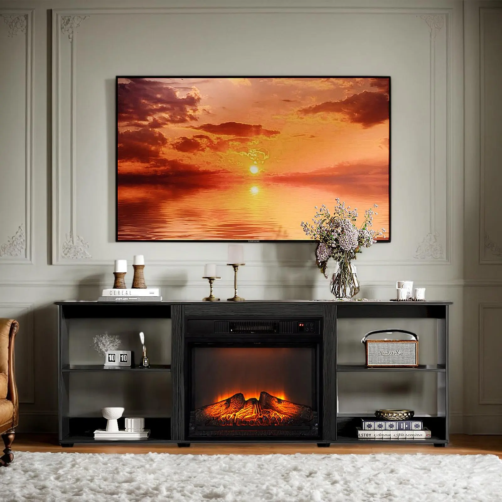 Winado 58" Fireplace TV stand, suitable for 70-inch TVs, recessed entertainment center with 18-inch electric fireplace heater, adjustable shelves and open cabinets, walnut color, fireplace media control table for living room.
