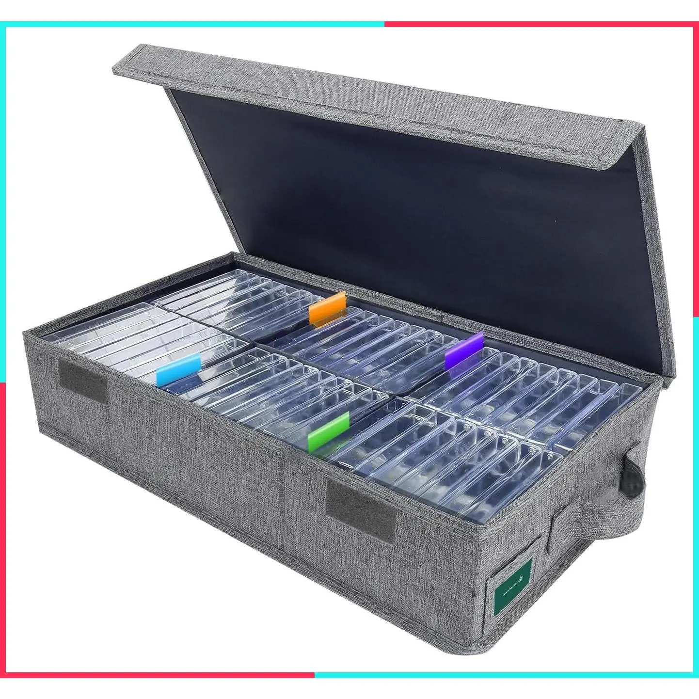 Cassette Tape Storage Box with Lids and Index Labels, Holds 48 Cassette Tape Cases, 16.34 x 9.25 x 3.54 Inches, Gray