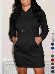 Women's Solid Drawstring Hooded Sweatshirt Dress, Casual Long Sleeve Pocket Dress for Fall & Winter, Ladies Clothes for Daily Wear, Womenswear