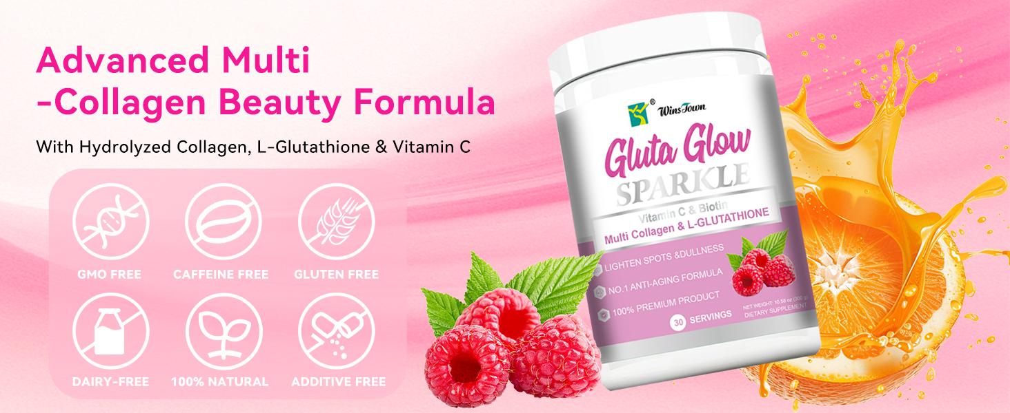 Multi Collagen & L-Glutathione Powder – Supports Skin Brightening & Healthy Glow – Hydrolyzed Collagen Peptides Types I, II, III, V & X – Vitamin C & Biotin – Hair, Skin & Nail Support – 30 Servings