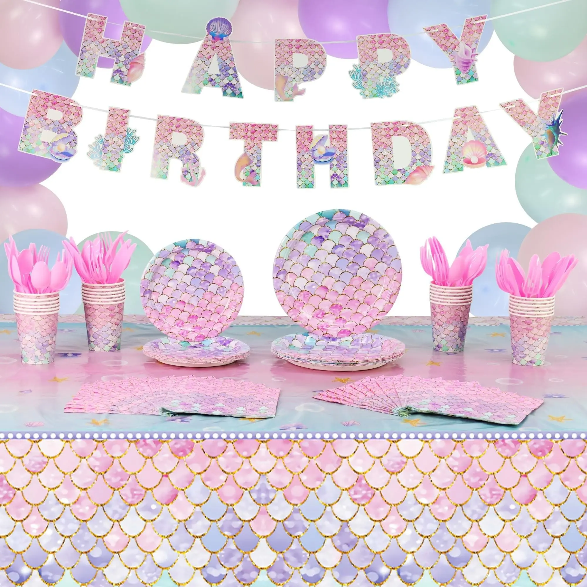5pcs/set Mermaid Theme Party Supplies, Birthday Party Kit, Includes Plates, Napkins, Cups, Birthday Banner, Disposable Cutlery, Girl's Party Decorations