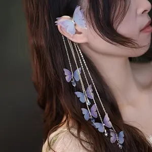 Single Left Ear Non Pierced Butterfly Ear Cuff, Blue Purple Gradient Butterfly with Contrast Tassel Wrap On Ear Clip, No Hole Ear Jewelry for Valentine Date Holiday Party Dress Accessory