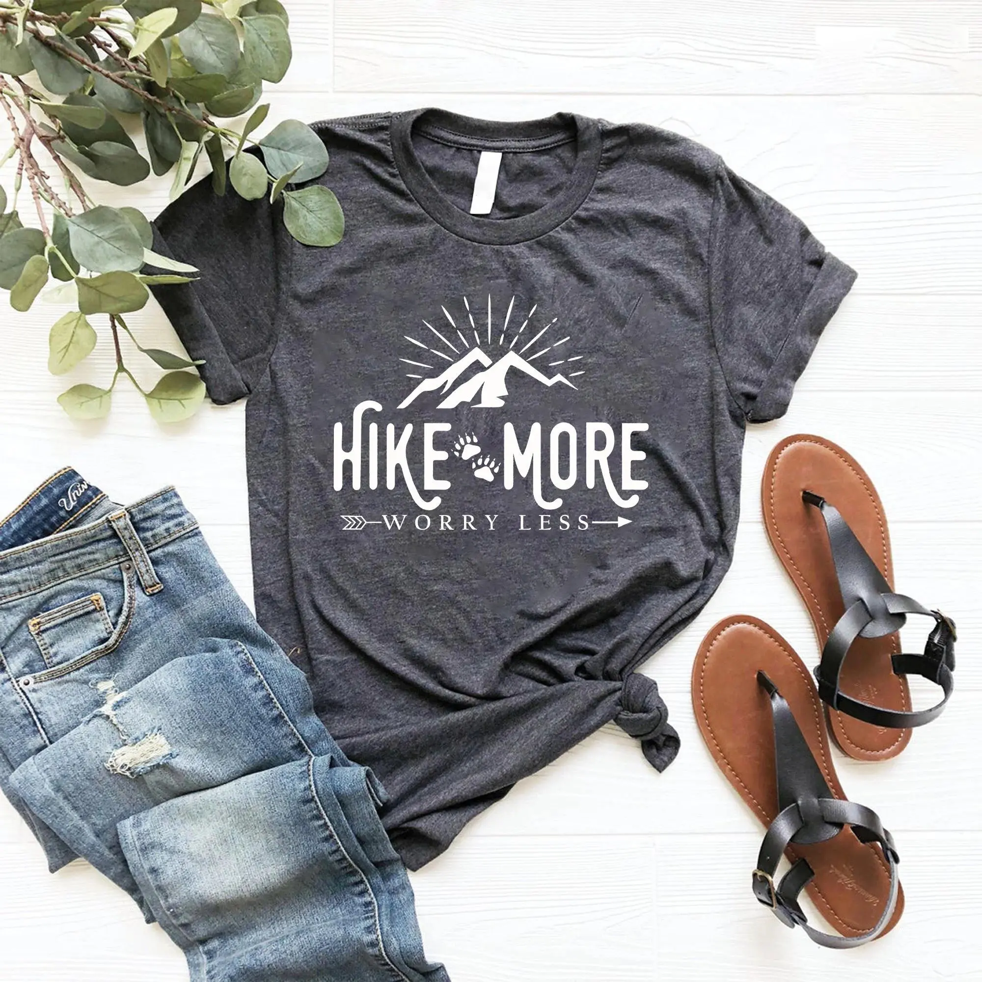 Hike More Worry Less Graphic Tee Clean Finish Heavyweight Premium Cotton Tshirt Front Print Outdoor Hiking Nature Top Women Short Sleeve Crewneck Top Trending Streetwear Viral Outfit Best Gift Men Loose Casual Top