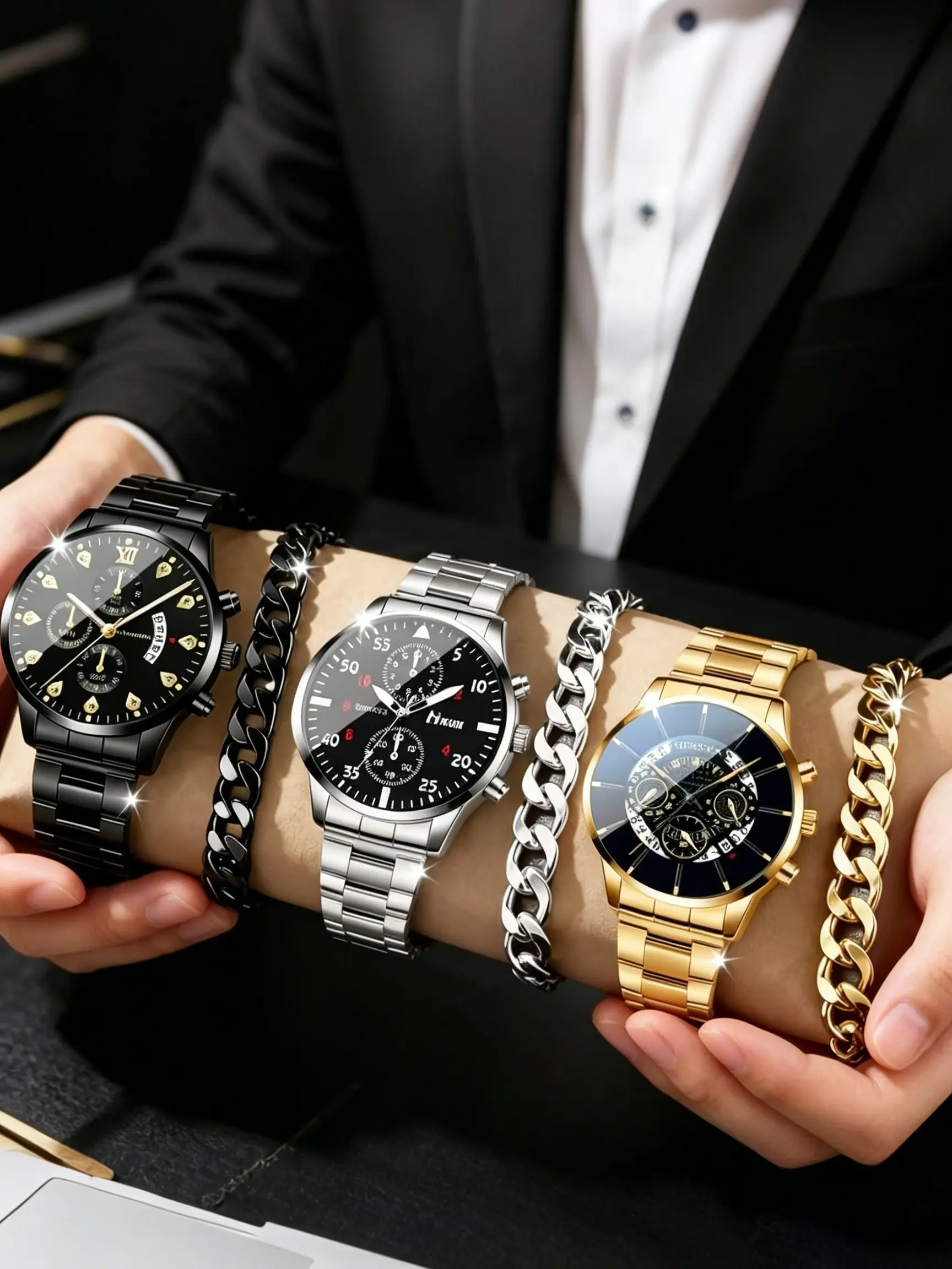 6pcs Men's Fashion Sport Accessory Set, Includes 3 Watches & 3 Bracelets, Perfect for Sports, Parties, Ideal Gift for Loved Ones, Modern Fashion Accessories