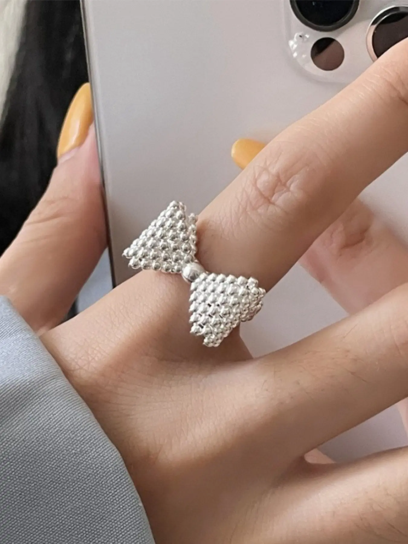 Women's Metal Round Bead Bubble Ring, Silver Color Butterfly Knot Open Ring, Elegant Fashion Jewelry, Sweet and Chic Index Finger Ring