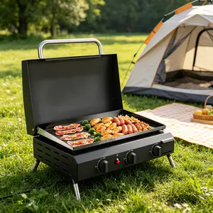 3-Burner Propane Flat Top Griddle, 30000 BTU Ceramic Coated Cast Iron Grill with Grease Cup, Non-Stick Cooking Station for Backyard Barbecue & Outdoor Cookout